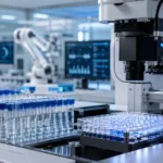 Representative image: A modern automated laboratory vision system inspects sample tubes and microplates, highlighting how Basler’s GMSL vision technology could improve lab automation, imaging workflows and data acquisition in life sciences.