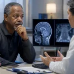 Representative image of an oncology consultation for advanced prostate cancer treatment, as Bayer’s NUBEQA cognitive decline data from the ARACOG trial raises new questions about quality-of-life differences between darolutamide and enzalutamide.