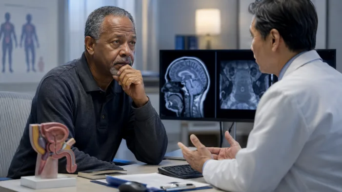 Representative image of an oncology consultation for advanced prostate cancer treatment, as Bayer’s NUBEQA cognitive decline data from the ARACOG trial raises new questions about quality-of-life differences between darolutamide and enzalutamide. Could Bayer’s NUBEQA gain a quality-of-life edge after ARACOG cognitive data?
