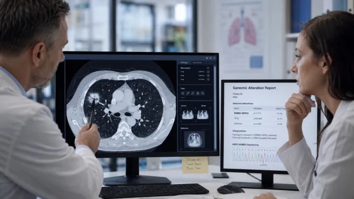 Representative image: Clinicians reviewing lung cancer imaging and genomic test results, reflecting Bayer’s HYRNUO FDA Priority Review and the growing role of precision oncology in HER2-mutated non-small cell lung cancer treatment. Why Bayer’s HYRNUO first-line FDA review could reshape HER2-mutated NSCLC treatment sequencing