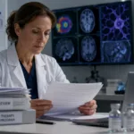 Representative image of a clinical researcher reviewing rare disease therapy data, as Beren Therapeutics faces an extended FDA decision timeline for adrabetadex in infantile-onset Niemann-Pick disease type C.