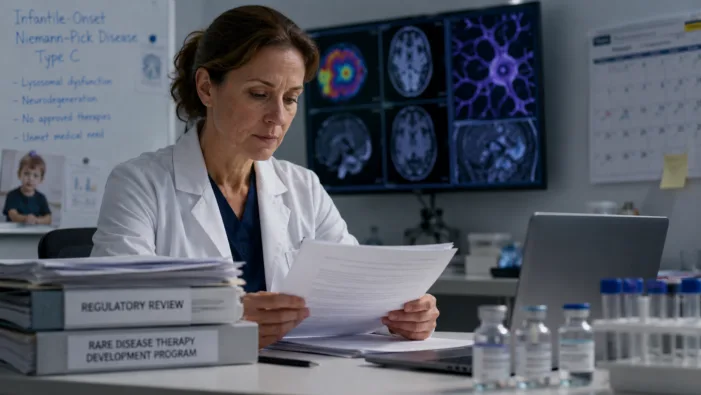 Representative image of a clinical researcher reviewing rare disease therapy data, as Beren Therapeutics faces an extended FDA decision timeline for adrabetadex in infantile-onset Niemann-Pick disease type C. Why the FDA extended its adrabetadex review and what it means for Beren Therapeutics