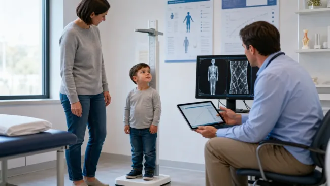 Representative image of a pediatric growth assessment in a clinical setting. BioMarin’s latest VOXZOGO data highlight how long-term achondroplasia treatment is moving beyond height gains toward arm span, bone health, and broader skeletal development outcomes.