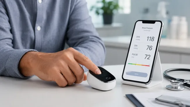 Representative image: A cuffless fingertip blood pressure monitoring device shows how Biozen’s FDA-cleared BP1000 could make calibration-free hypertension checks more accessible for home care and remote patient monitoring.