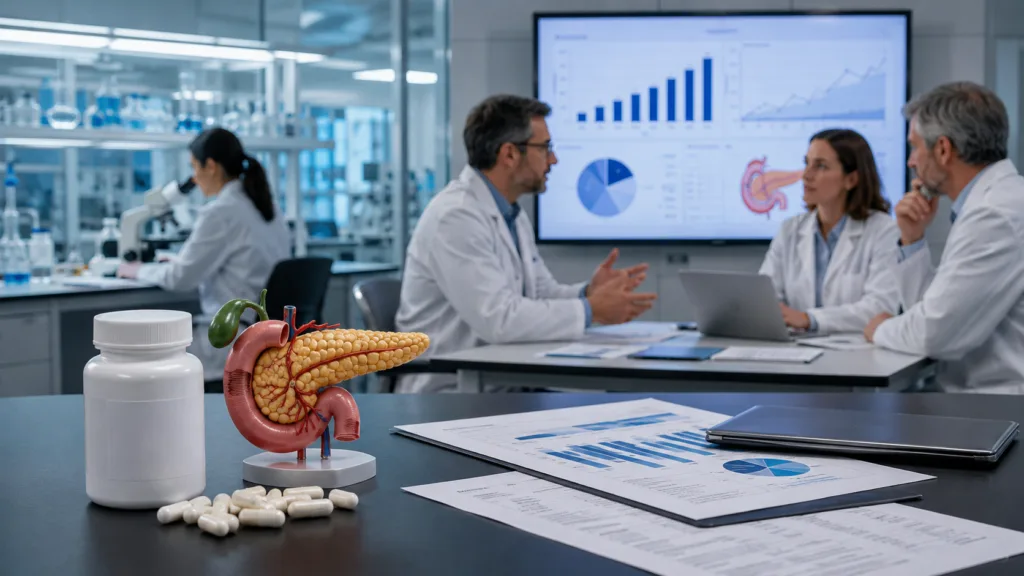 Representative image: Researchers review pancreatic enzyme replacement therapy data in a biotech lab setting, reflecting Blackstone Life Sciences’ $250 million investment in Anagram Therapeutics to advance ANG003 for exocrine pancreatic insufficiency.