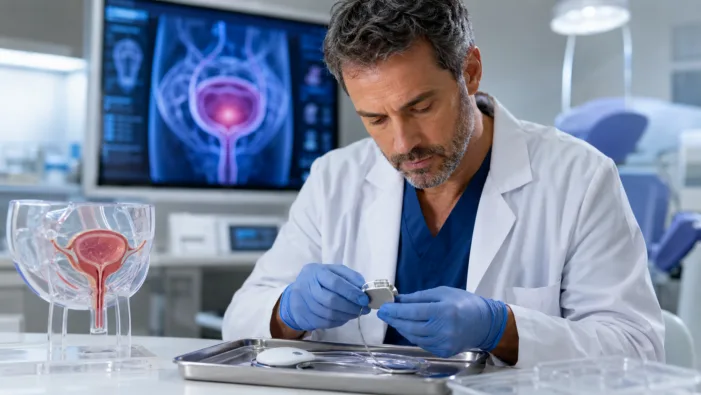 Representative image of a clinician reviewing an implantable neuromodulation device in a urology setting, as BlueWind Medical raises $47.8 million to accelerate commercialisation of its Revi System for urgency urinary incontinence treatment. Why BlueWind Medical’s $47.8m raise matters for the next phase of UUI treatment