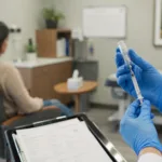 Representative image of a clinician preparing an injectable treatment in an outpatient care setting, illustrating Braeburn’s latest BRIXADI data on long-acting buprenorphine, opioid withdrawal suppression, and treatment retention in opioid use disorder.