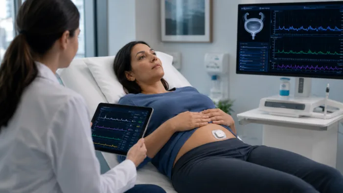 Representative image of a noninvasive abdominal sensor used in a clinical bladder function assessment, highlighting how Bright Uro’s FDA-cleared Glean Abdominal Sensor could support catheter-free urodynamics and real-world evaluation of bladder dysfunction. Can Bright Uro’s new sensor finally make bladder testing less uncomfortable?