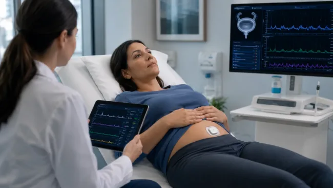 Representative image of a noninvasive abdominal sensor used in a clinical bladder function assessment, highlighting how Bright Uro’s FDA-cleared Glean Abdominal Sensor could support catheter-free urodynamics and real-world evaluation of bladder dysfunction.