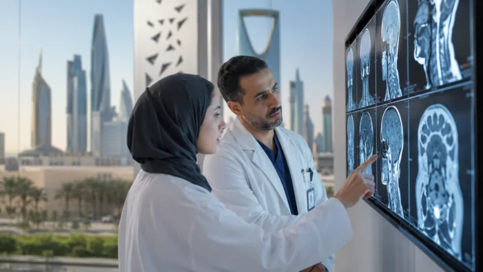 Representative image of oncology specialists reviewing head and neck cancer scans in a Saudi clinical setting, reflecting CEL-SCI Corporation’s Multikine partnership with Amarox and its potential regulatory pathway for cancer immunotherapy in Saudi Arabia. Can CEL-SCI’s Saudi Arabia deal turn Multikine into a real commercial oncology test?