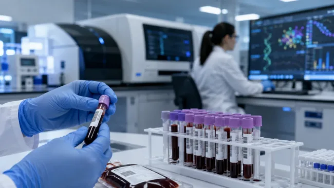 Representative image: A precision oncology laboratory processes blood samples for molecular profiling, reflecting Caris Life Sciences’ Caris Assure submission to New York regulators for blood-based cancer testing authorization.