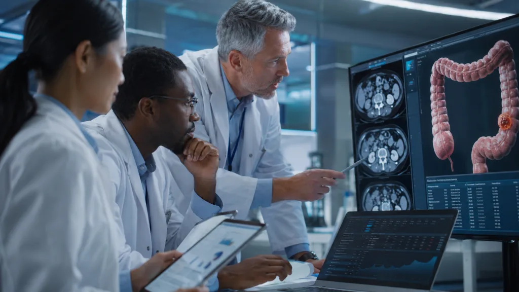 Representative image of oncology researchers reviewing colorectal cancer imaging and clinical trial data, reflecting how the KLEOS adaptive trial platform could support faster evaluation of new colorectal cancer therapies.