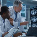 Representative image of oncology researchers reviewing colorectal cancer imaging and clinical trial data, reflecting how the KLEOS adaptive trial platform could support faster evaluation of new colorectal cancer therapies.