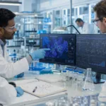 Representative image: Researchers review AI-enabled virtual screening data and molecular models in a drug discovery lab as Concept Life Sciences and OpenBench push a success-based model for faster, lower-risk biotech hit validation.