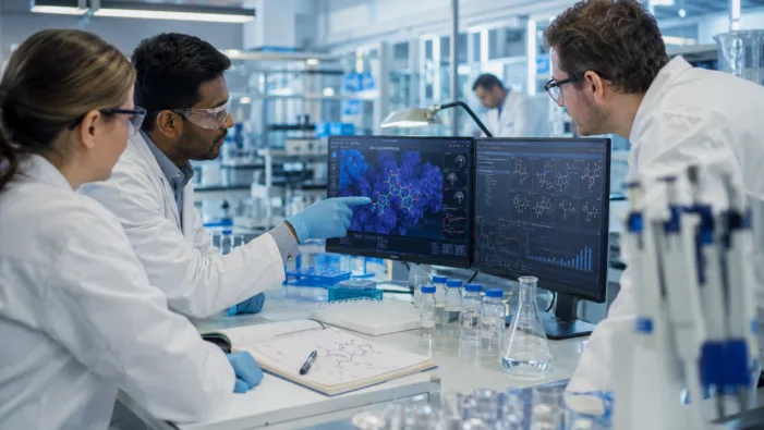 Representative image: Researchers review AI-enabled virtual screening data and molecular models in a drug discovery lab as Concept Life Sciences and OpenBench push a success-based model for faster, lower-risk biotech hit validation. Concept Life Sciences expands drug discovery model as OpenBench brings AI-enabled screening scale