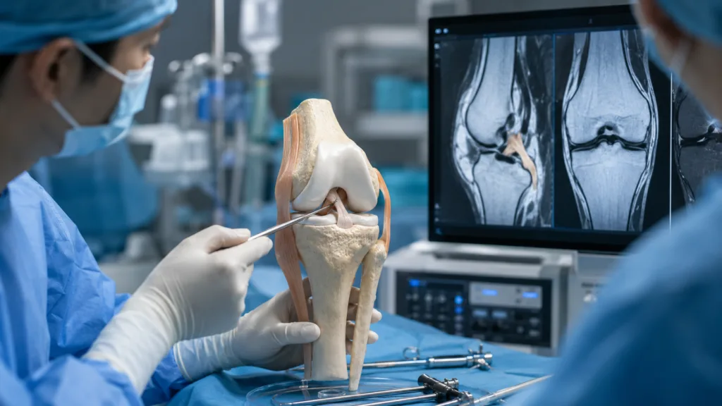 Representative image of an orthopedic surgical team reviewing ACL reconstruction anatomy and knee imaging, illustrating CoreTissue BioEngineering’s CT-ACL001 tissue-regenerative ligament trial and its potential role in advancing anterior cruciate ligament repair.