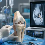 Representative image of an orthopedic surgical team reviewing ACL reconstruction anatomy and knee imaging, illustrating CoreTissue BioEngineering’s CT-ACL001 tissue-regenerative ligament trial and its potential role in advancing anterior cruciate ligament repair.