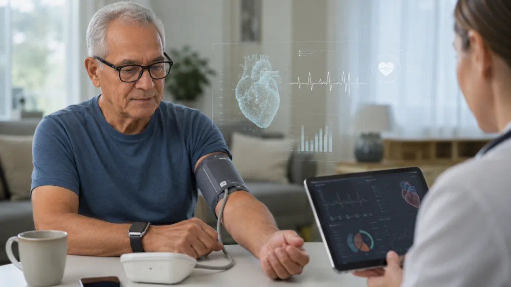 Representative image of AI-driven heart failure monitoring at home, showing how Coredio’s FDA breakthrough-designated platform could extend advanced cardiac assessment beyond hospital settings through wearables, blood pressure cuffs, and remote clinical review.
