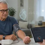 Representative image of AI-driven heart failure monitoring at home, showing how Coredio’s FDA breakthrough-designated platform could extend advanced cardiac assessment beyond hospital settings through wearables, blood pressure cuffs, and remote clinical review.