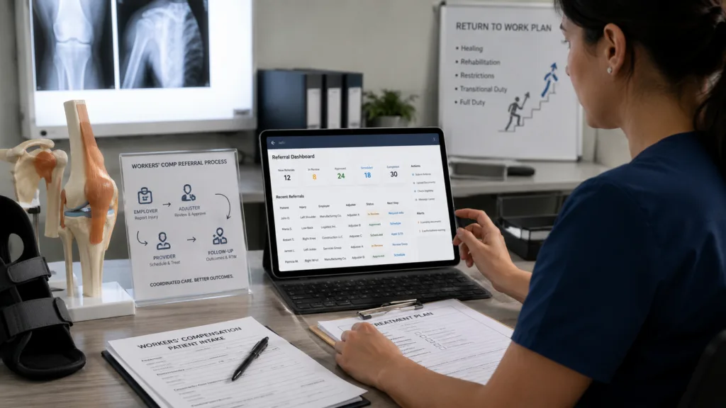 Representative image of an orthopaedic workers’ compensation referral portal in use, highlighting how digital case tracking can help employers, adjusters and healthcare providers streamline injury-care coordination and return-to-work planning.