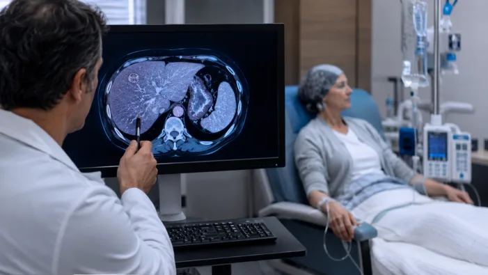 Representative image: A clinician reviews liver imaging in an oncology treatment setting, reflecting Delcath Systems’ liver-directed melphalan strategy for liver-dominant metastatic breast cancer and the growing clinical focus on targeted hepatic cancer therapies. Delcath Systems tests whether HEPZATO KIT can move beyond metastatic uveal melanoma