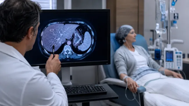 Representative image: A clinician reviews liver imaging in an oncology treatment setting, reflecting Delcath Systems’ liver-directed melphalan strategy for liver-dominant metastatic breast cancer and the growing clinical focus on targeted hepatic cancer therapies.