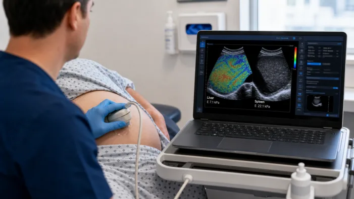 Representative image: A clinician uses a portable ultrasound and elastography system for non-invasive liver and spleen assessment, highlighting how E-Scopics’ FDA-cleared Hepatoscope enhancements could support point-of-care liver disease diagnostics and cirrhosis complication monitoring. Why E-Scopics’ new Hepatoscope clearance could reshape point-of-care liver diagnostics