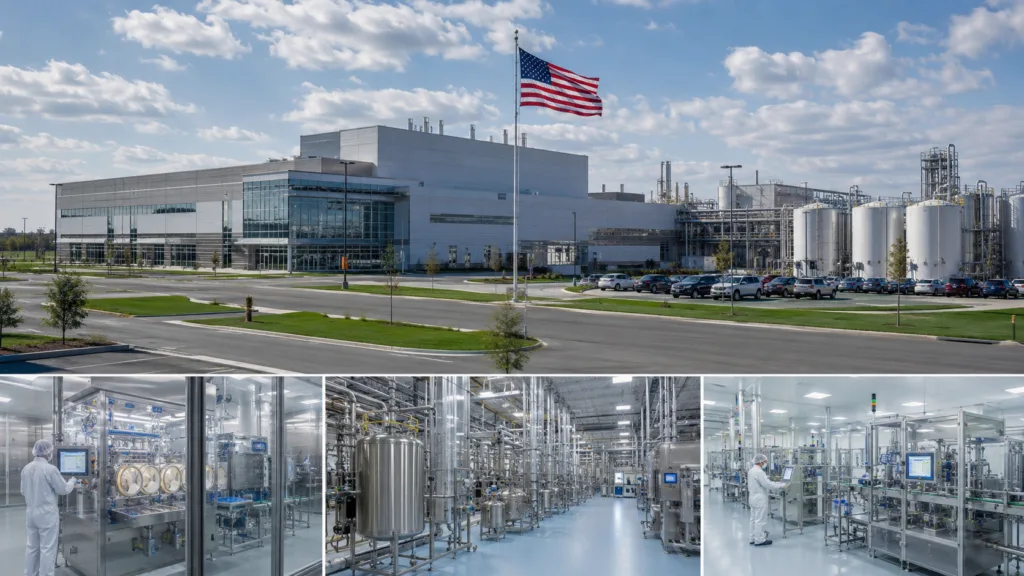 Representative image of a modern U.S. pharmaceutical manufacturing campus, highlighting how Eli Lilly’s $4.5 billion Indiana expansion could strengthen domestic drug production capacity for obesity, diabetes and advanced genetic medicines.