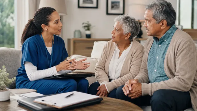 Representative image: A home health clinician speaks with an elderly couple during an in-home care consultation, reflecting Enhabit’s move into private ownership under Kinderhook Industries as the home health and hospice sector faces rising demand, tighter margins, and renewed private equity interest.
