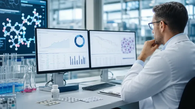 Representative image: A biotech researcher reviews oncology trial data and molecular analysis as Enliven Therapeutics advances ELVN-001 toward a pivotal chronic myeloid leukemia study, highlighting the clinical and investor stakes behind its Q1 2026 update.