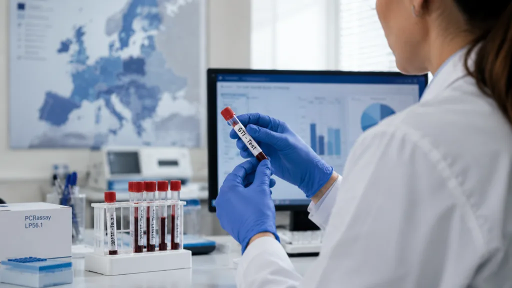 Representative image: A laboratory professional reviews STI test samples and public health data as Europe’s record rise in gonorrhoea, syphilis and chlamydia cases puts diagnostics, prevention and antimicrobial resistance strategies under renewed scrutiny.