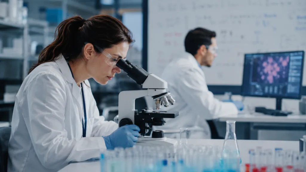 Representative image of oncology researchers studying tumor biology in a modern laboratory, reflecting Exelixis’ CABINET trial data on CABOMETYX and its potential role in advanced neuroendocrine tumor treatment.