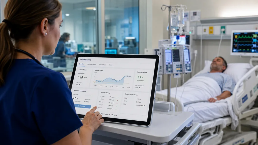 Representative image: A clinician reviews a cloud-based insulin dosing dashboard in a hospital setting, reflecting how Glooko’s FDA-cleared EndoTool IV Cloud could support inpatient diabetes management, intravenous insulin dosing, and safer glycemic control workflows.