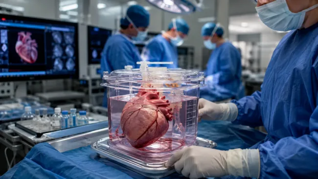 Representative image: A surgical team prepares a preserved donor heart in a high-tech transplant setting, reflecting the clinical and regulatory stakes behind United Therapeutics Corporation’s FDA-cleared UHeart xenotransplantation trial for end-stage heart failure.