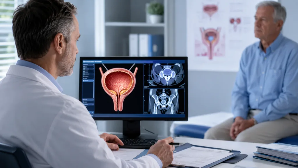 Representative image: A clinician reviews bladder imaging during a urology consultation, reflecting Ferring Pharmaceuticals’ ADSTILADRIN re-induction data and the growing focus on bladder-sparing treatment strategies for BCG-unresponsive non-muscle invasive bladder cancer.