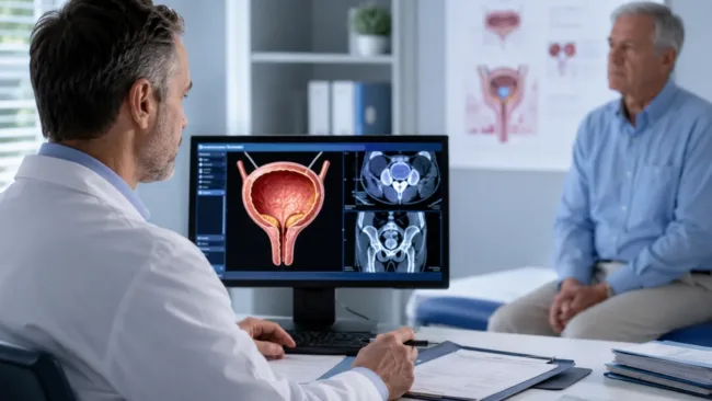 Representative image: A clinician reviews bladder imaging during a urology consultation, reflecting Ferring Pharmaceuticals’ ADSTILADRIN re-induction data and the growing focus on bladder-sparing treatment strategies for BCG-unresponsive non-muscle invasive bladder cancer.