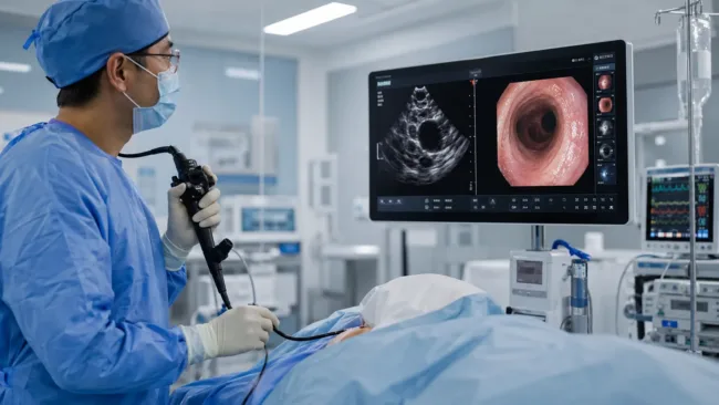 Representative image: A bronchoscopy procedure room illustrates how Fujifilm’s EB-710US balloon-less EBUS bronchoscope could support more efficient pulmonary imaging, lung cancer diagnosis, and minimally invasive endobronchial ultrasound workflows.