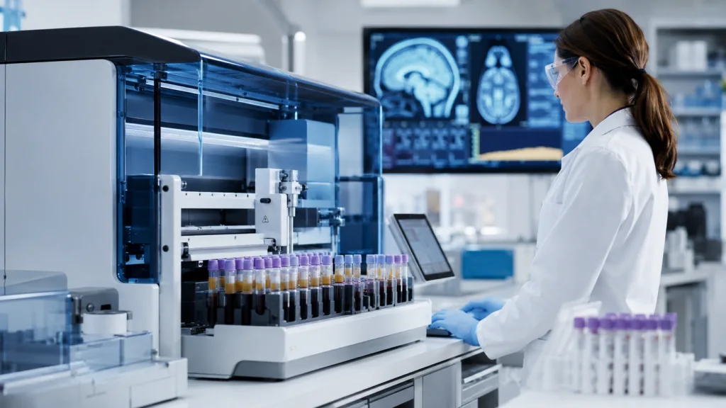 Representative image: A fully automated laboratory blood-testing workflow highlights how Fujirebio’s CE-marked Lumipulse G pTau 217 Plasma assay could support scalable Alzheimer’s disease diagnostics and expand access to biomarker-based cognitive decline evaluation across Europe.