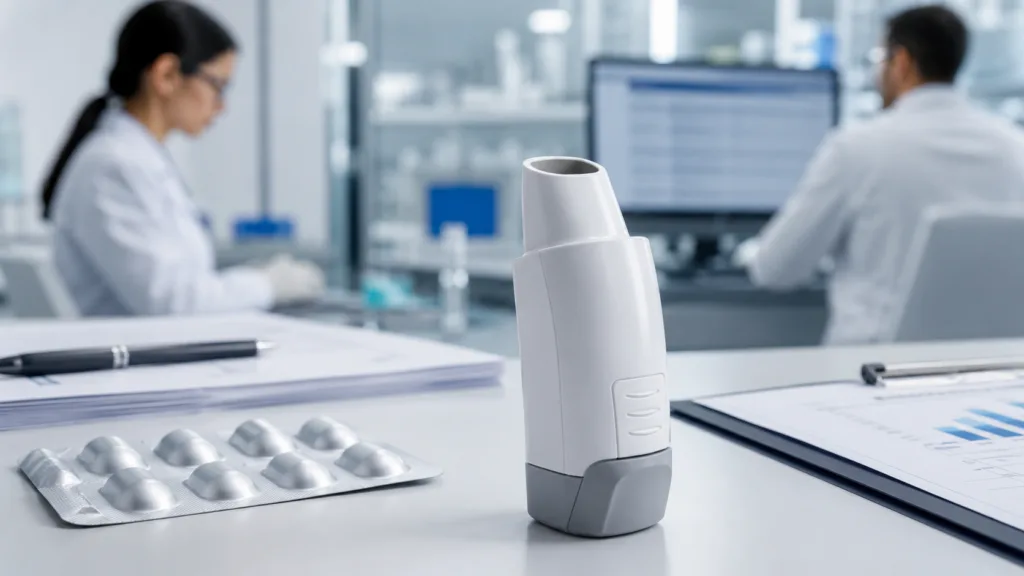 Representative image: A generic inhaler device in a clinical research setting, illustrating Transpire Bio’s FDA-accepted ANDA filing for a proposed generic high-strength Trelegy Ellipta alternative for asthma and COPD treatment.