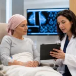 Representative image: An oncology specialist reviews treatment information with a breast cancer patient in a clinical setting, reflecting Gilead Sciences’ Trodelvy regulatory progress in first-line metastatic triple-negative breast cancer care.