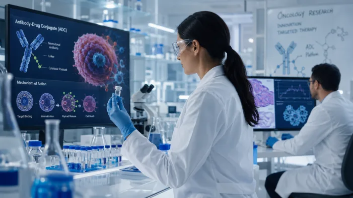 Representative image: Scientists review antibody-drug conjugate research in an oncology laboratory as Gilead Sciences’ Tubulis acquisition sharpens focus on next-generation ADC platforms, solid tumour pipelines and cancer drug development strategy. Why Gilead’s $5bn Tubulis deal could reshape its solid tumour pipeline strategy