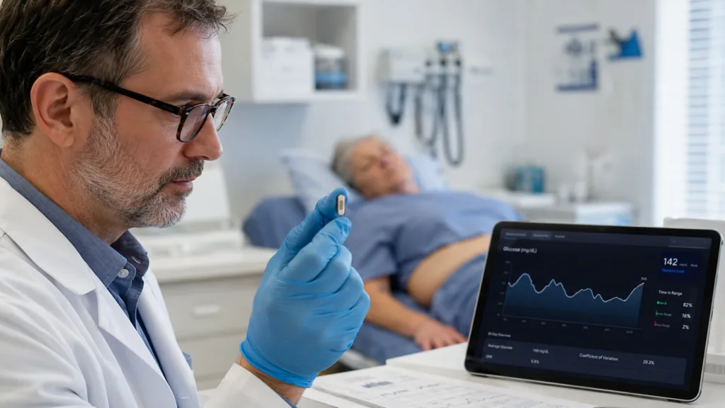 Representative image of a clinician reviewing implantable glucose sensor technology and digital blood glucose trends, as Glucotrack seeks FDA approval to begin a U.S. clinical study of its continuous blood glucose monitoring system.