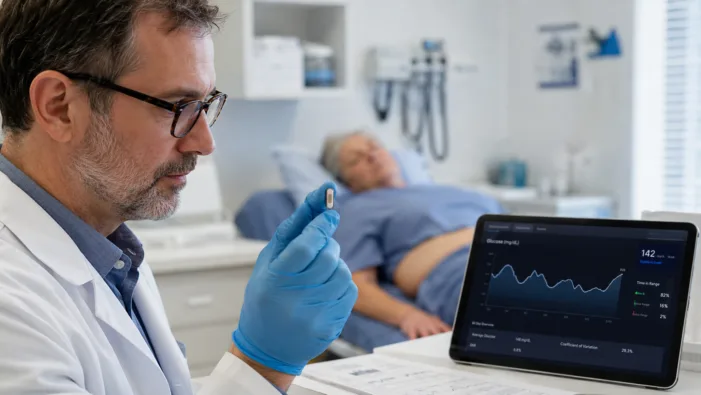 Representative image of a clinician reviewing implantable glucose sensor technology and digital blood glucose trends, as Glucotrack seeks FDA approval to begin a U.S. clinical study of its continuous blood glucose monitoring system. Why Glucotrack’s CBGM filing could test the next frontier in diabetes monitoring
