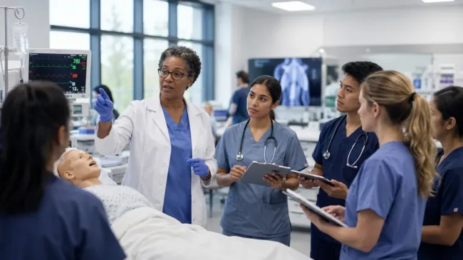 Representative image of allied health students in a medical training session as HCA Healthcare’s CHCP deal highlights the growing battle to build the next clinical workforce.