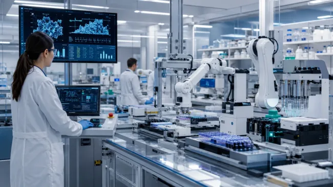 Representative image of an AI-enabled autonomous biopharma lab, where robotic systems, automated assays and data-driven workflows are reshaping how researchers design experiments and accelerate drug discovery.