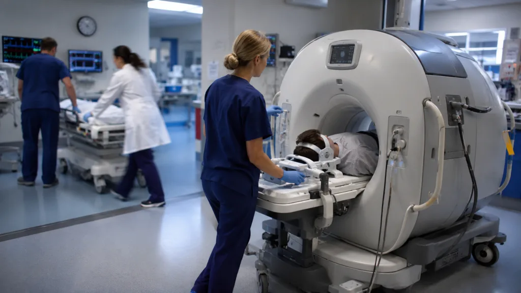 Representative image: Emergency clinicians use bedside MRI technology in a hospital imaging setting, highlighting how Hyperfine’s PRIME study could reshape portable brain imaging, reduce time to neuroimaging, and ease emergency department workflow delays.