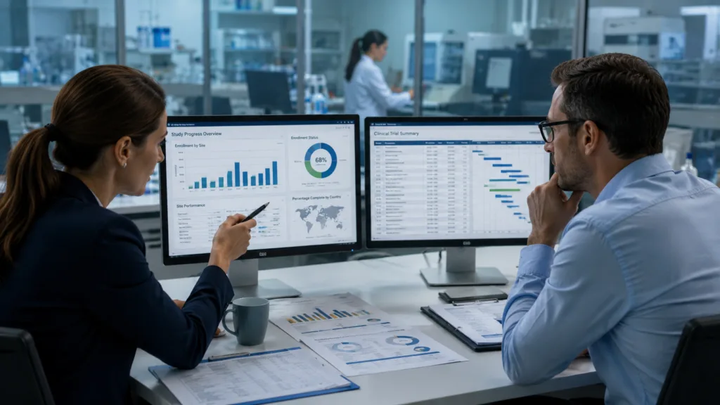 Representative image of clinical research teams reviewing trial performance data as ICON plc’s restatement raises wider questions over CRO trust and pharma outsourcing risk.