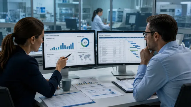Representative image of clinical research teams reviewing trial performance data as ICON plc’s restatement raises wider questions over CRO trust and pharma outsourcing risk.