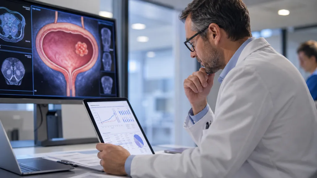 Representative image of an oncology researcher reviewing bladder cancer treatment data, as ImmunityBio’s ANKTIVA plus BCG analysis raises new questions about cost, response durability and bladder-sparing care in BCG-unresponsive NMIBC.