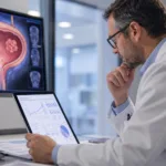 Representative image of an oncology researcher reviewing bladder cancer treatment data, as ImmunityBio’s ANKTIVA plus BCG analysis raises new questions about cost, response durability and bladder-sparing care in BCG-unresponsive NMIBC.